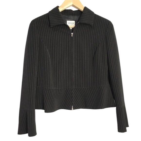 ARMANI COLLEZIONI BLACK PINSTRIPE PEPLUM ZIP UP LONG SLEEVE BLAZER JACKET 8 - Picture 1 of 7